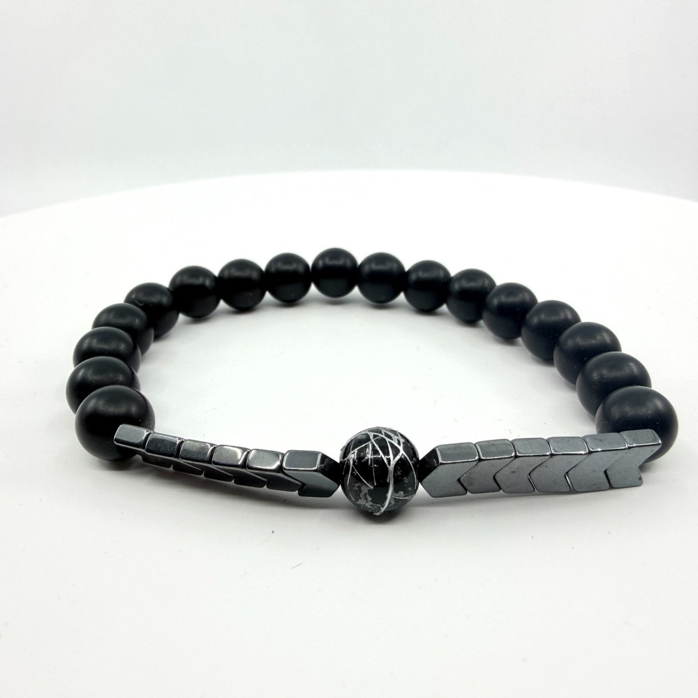 Vintage Y2K Black Onyx & Hematite Arrow Beaded Stretch‎ Bracelet Goth Punk Boho